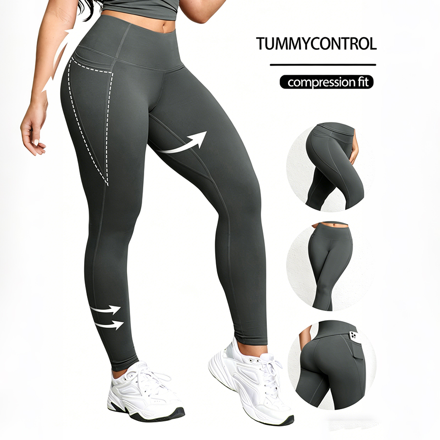 Leggings de mujer con bolsillos Color sólido cintura alta levantamiento de glúteos medias de entrenamiento pantalones elásticos delgados ropa Casual