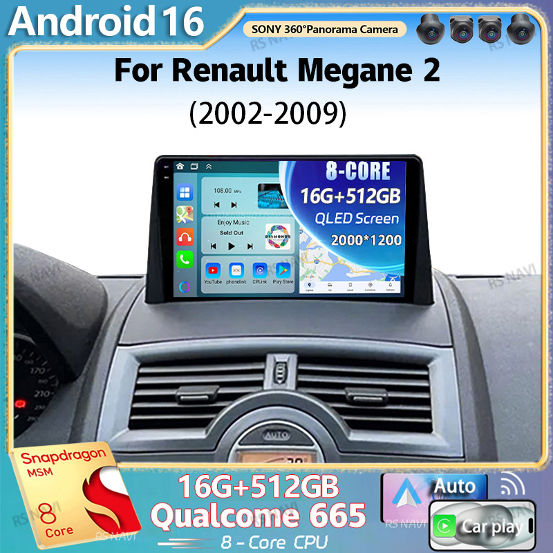 Android 16 For Renault Megane 2 2002 - 2009 2K QLED Android Car Radio Multimedia Video Player GPS Stereo CarPlay 4G Head Unit