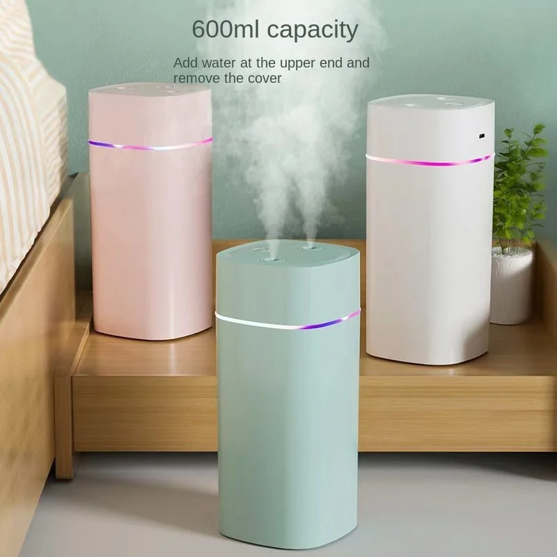 USB-Luftbefeuchter mit zwei Düsen, 600 ml/h, Super Mist, extrem leises Befeuchtungsgerät für Zuhause und Auto