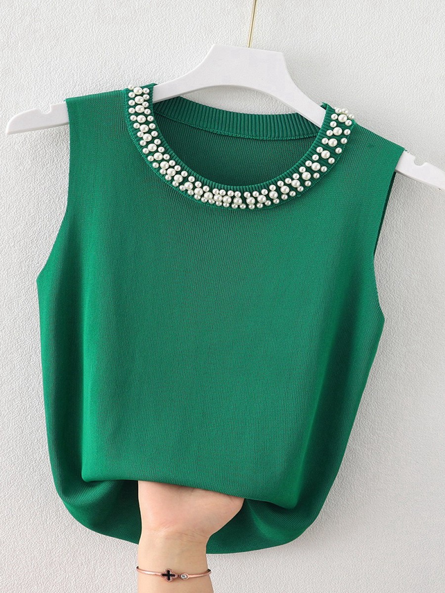 Корейские вязаные жилеты, женский топ, однотонная майка, Blusas Mujer De Moda, новые летние модные женские повседневные тонкие топы без рукавов с бисером