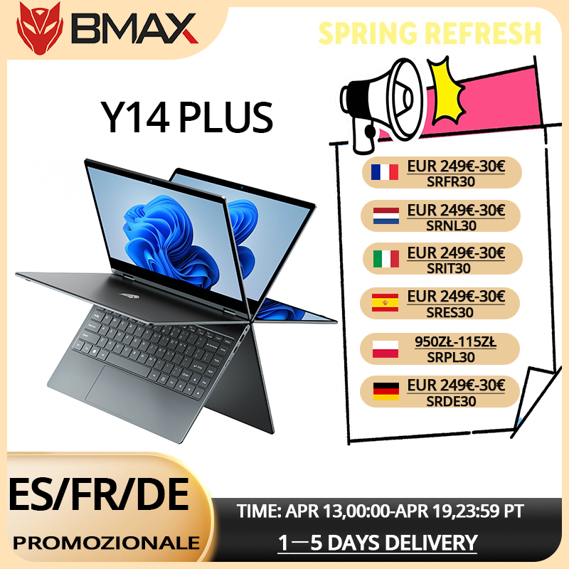 BMAX Y14 Plus Laptop 14 inch touchscreen, 16GB RAM, 512GB SSD, Intel N150, 1920*1080 IPS, 360 graden draaibaar ° Convertible Notebook Windows 11