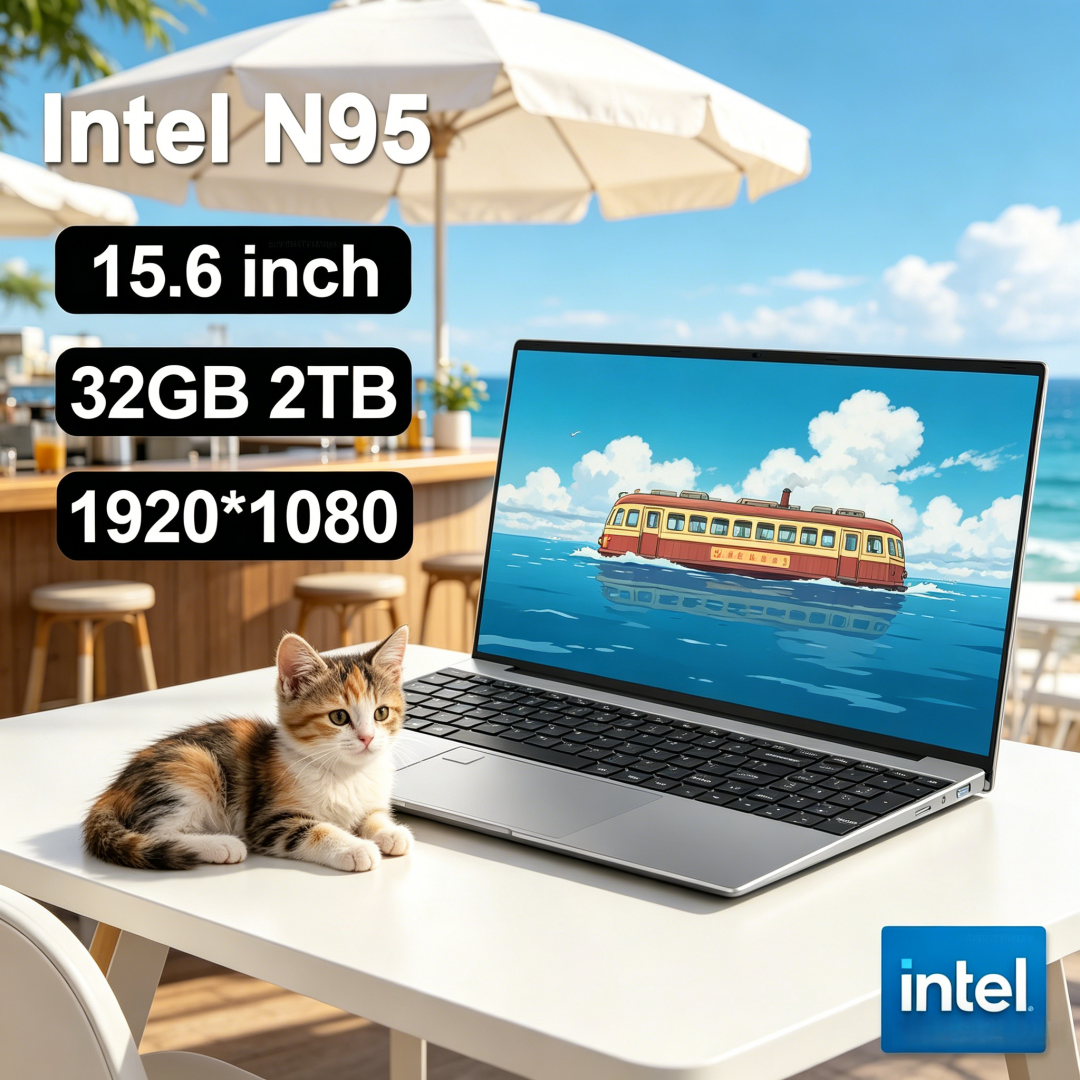 Portátil Premium de 15.6 Pulgadas con Intel N95, Windows 11, 32 GB de RAM DDR4, SSD de 2 TB, Ordenador para Juegos y Oficina con Teclado Retroiluminado y Lector de Huellas Dactilares