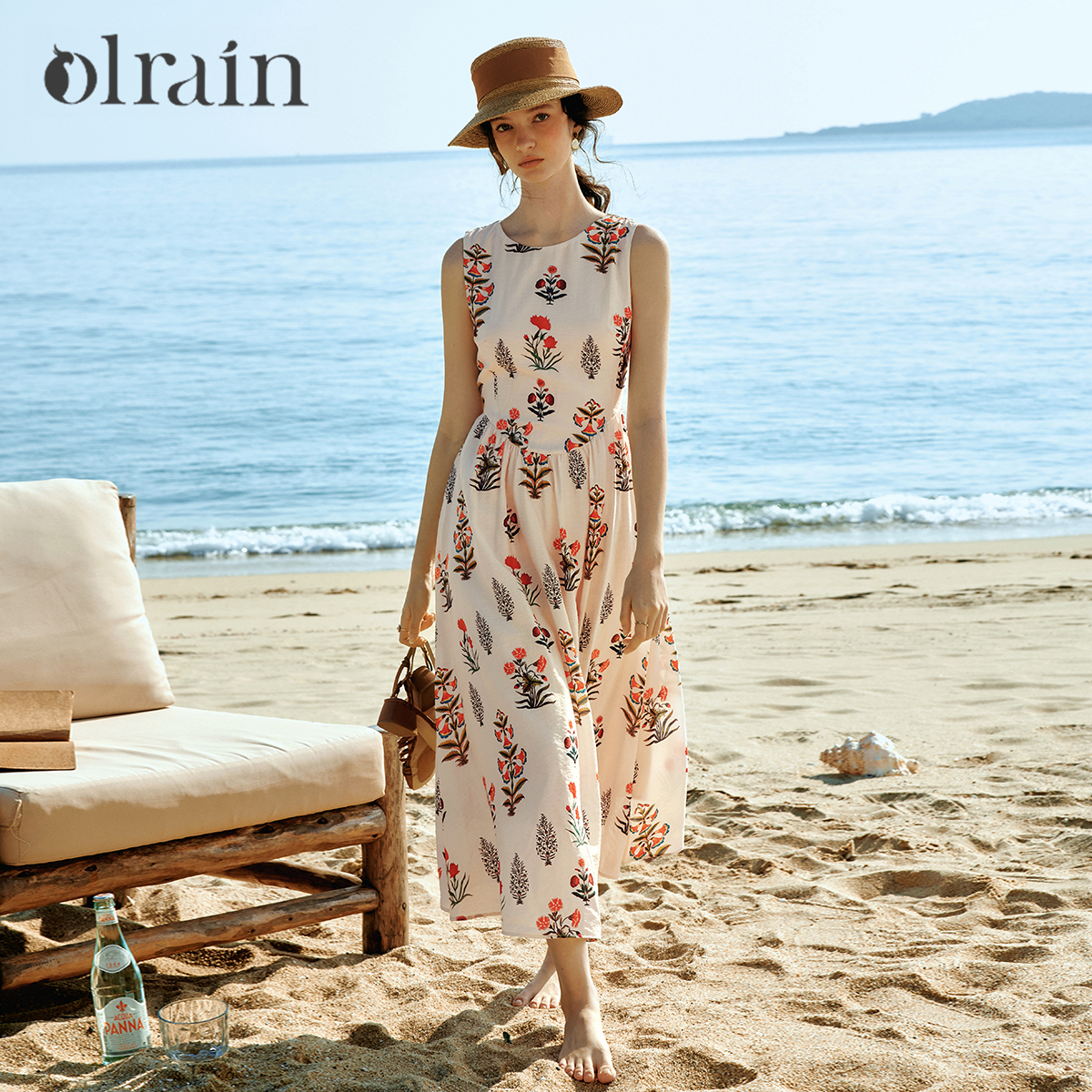 OLrain Damesjurk met Franse print Taille Mouwloos O-hals Slim Fit Geweven Maxi-jurk 2026 Zomer Nieuwe vakantiekleding O58XL005631