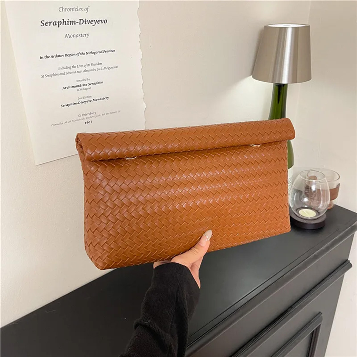 Bolsa Clutch Retro de Cor Sólida para Uso Diário em PU com Textura Trançada, Leve, com Fecho Magnético e Resistente à Água