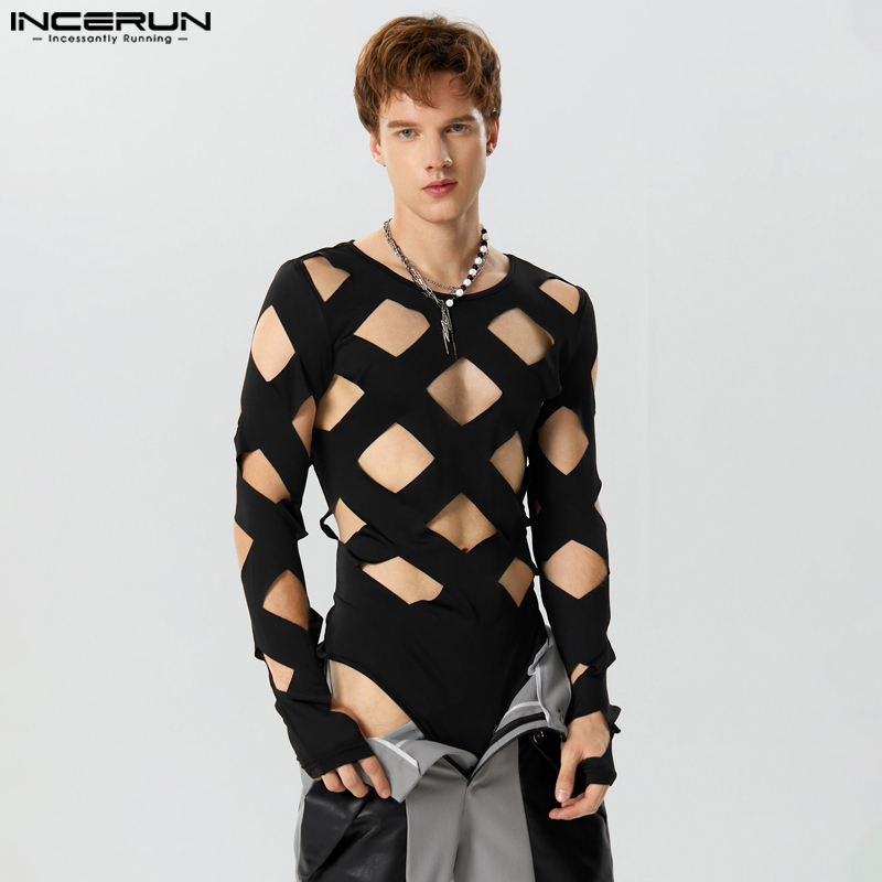 INCERUN 男性ボディスーツ無地中空アウトセクシーな O ネック長袖男性 Tシャツロンパースストリート 2024 ファッションボディスーツ S-3XL