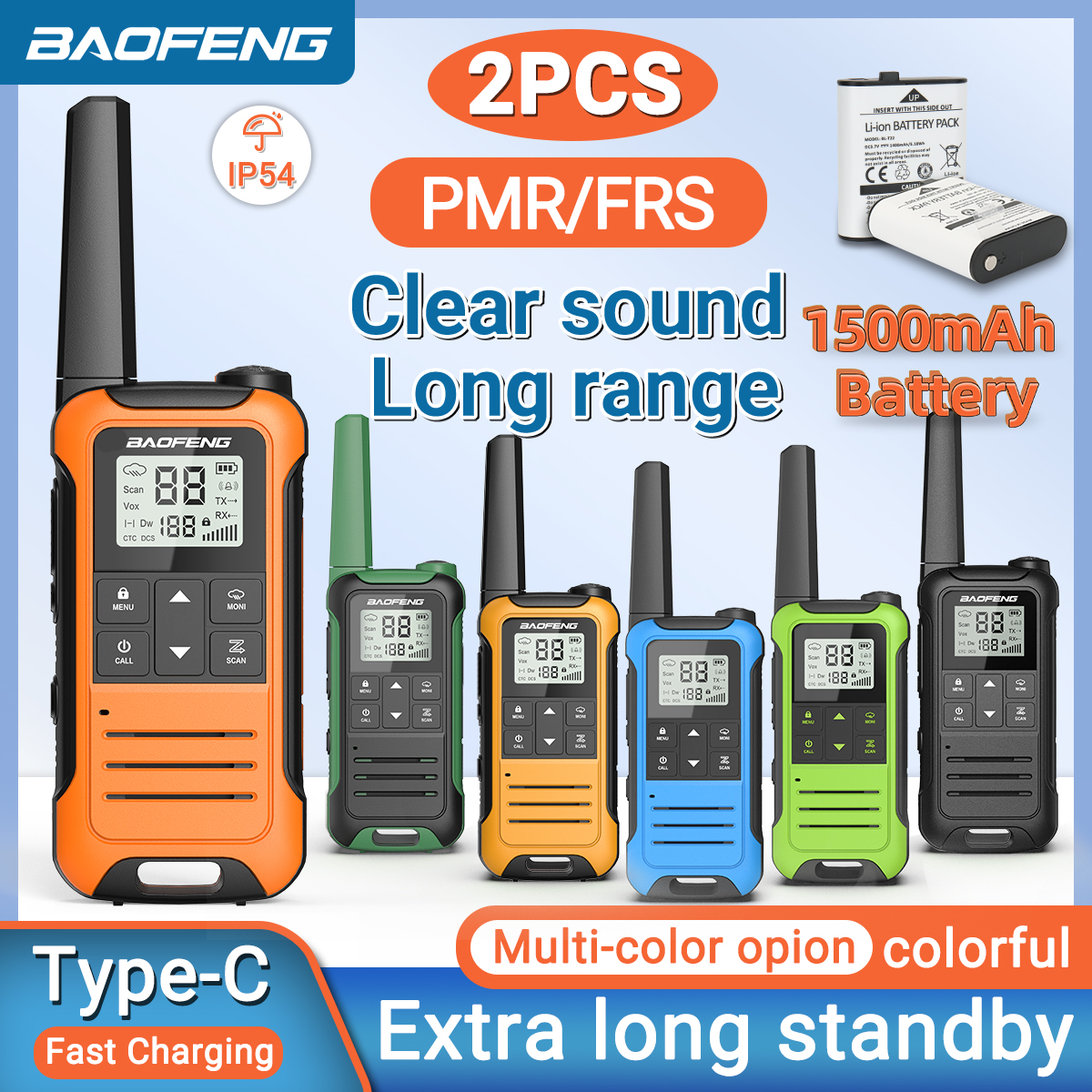 2pcs Baofeng F22 Mini Walkie Talkie PMR FRS Long Range Rechargable Portable Kids Two Way Radio Type-C Charger for Camping Trip