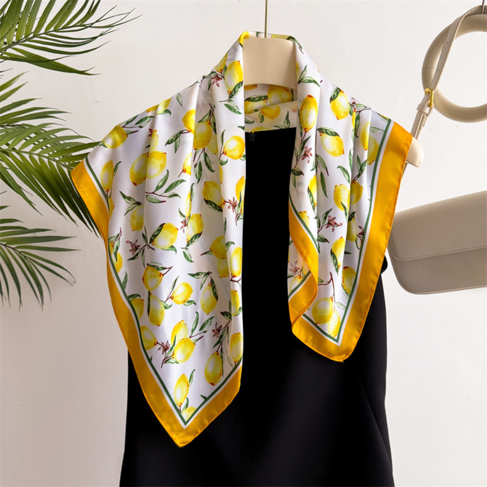1 stks Zomer Heldere Kleur Olieverf Citroen Print Kleine Vierkante Vrouwen Satijnen Das Sjaals Zachte Nette Dames Halsdoeken