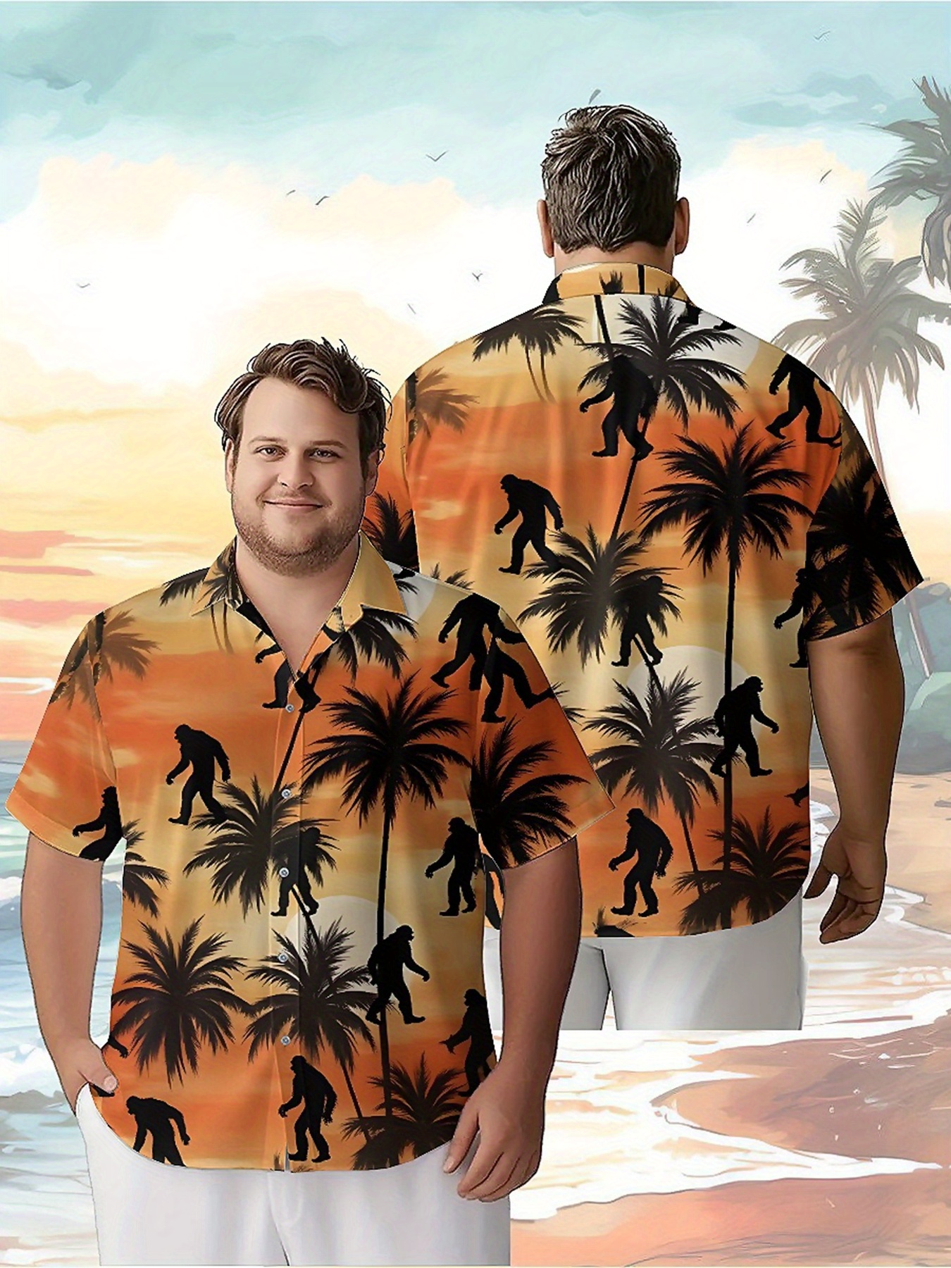Men's Plus Size Hawaiian Shirts Sasquatch and Palm Trees Sunset pattern, Summer Casual Tops for Outdoor and Party, Street Wear