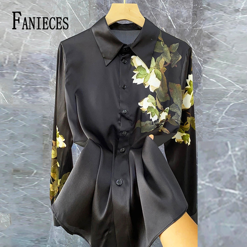 FANIECES Camicia da donna in raso nero Manica lunga Primavera Autunno Camicetta sottile da ufficio Top da donna Blusas Para Mujer camicie e camicette