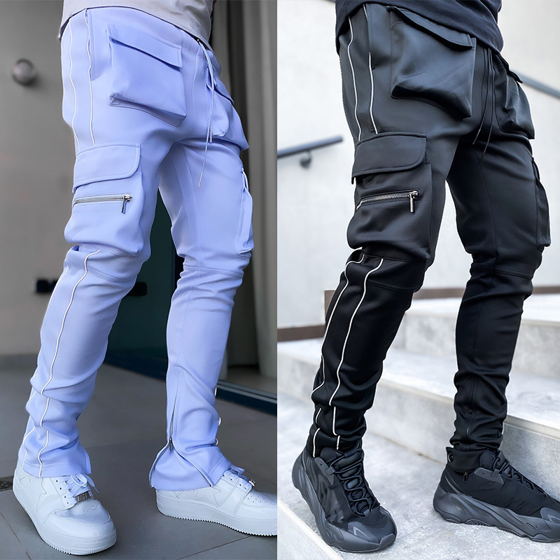 Pantalones de trabajo de primavera y otoño para hombre, pantalones informales deportivos rectos reflectantes con múltiples bolsas elásticas de marca a la moda para Fitness
