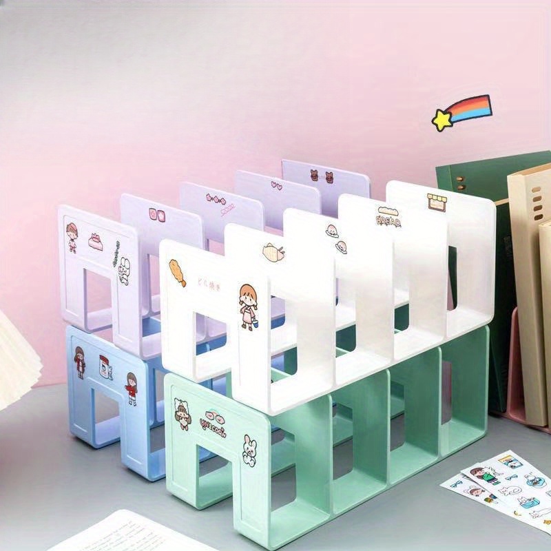 Bonito estante organizador de archivos de escritorio, soporte de libros colorido con decoración adhesiva, perfecto para estudiantes y niños, configuración de escritorio estética