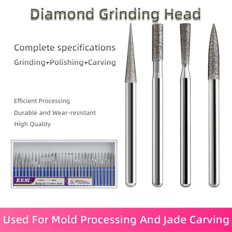 30 pçs 3mm haste diamante cabeça de moagem agulha polida jade pedra escultura ferramenta gravura arquivo prego broca ferramentas rotativas