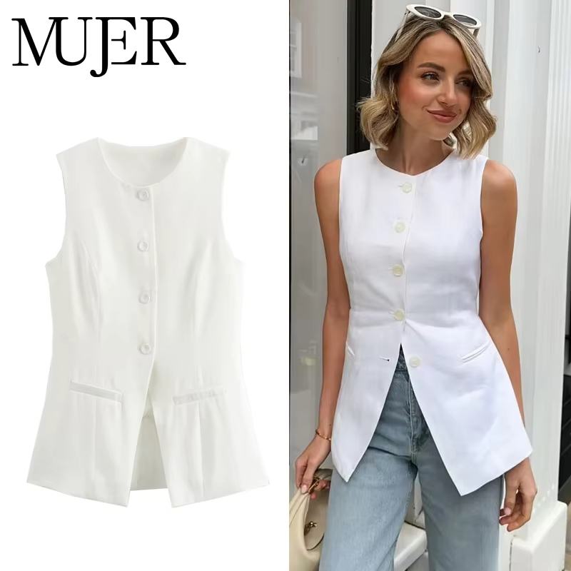 MUJER 2025 ホワイトノースリーブベスト女性ボタン夏のベスト女性のためのジャケットピンクベストトップ女性ストリート女性のテーラードベスト