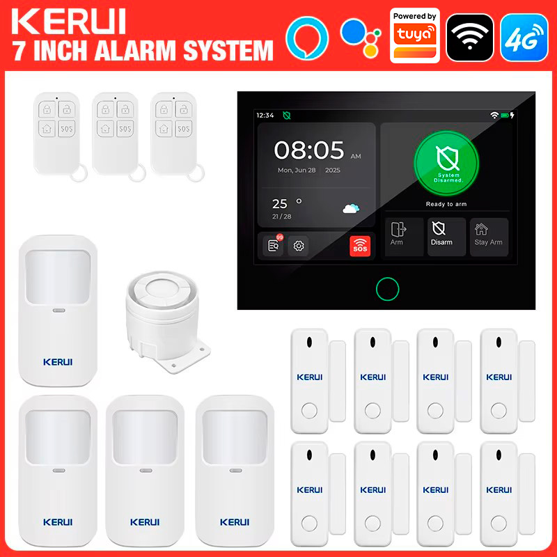 Sistema de Alarma Antirrobo para el Hogar KERUI con Pantalla Táctil Grande de 7 Pulgadas, WiFi+4G, Compatible con Tuya Smart, Protección de Seguridad FSK/ASK, Sensor PIR de 433MHZ