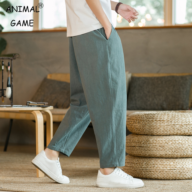 Pantalones de hombre de lino y algodón, pantalones casuales de moda, pantalones cortos sueltos transpirables de Color sólido, pantalones rectos con cordón, ropa de calle para hombre