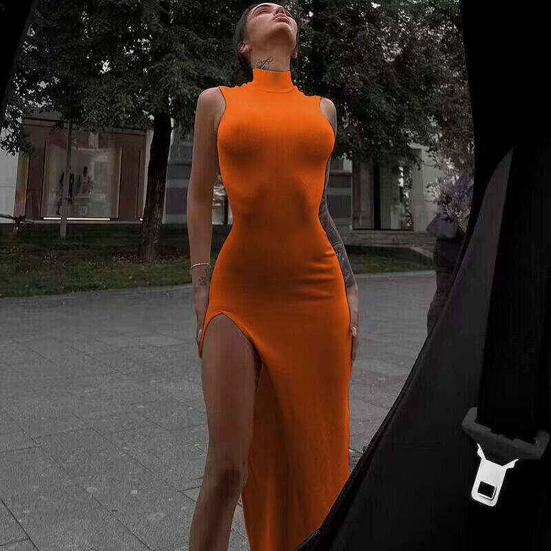 Y2kแขนกุดสีส้มMidiชุดสตรีด้านข้างคอเต่าการตั้งค่าBodyconเซ็กซี่ปาร์ตี้Elegant Dress 2024 Basic Vintage Robe