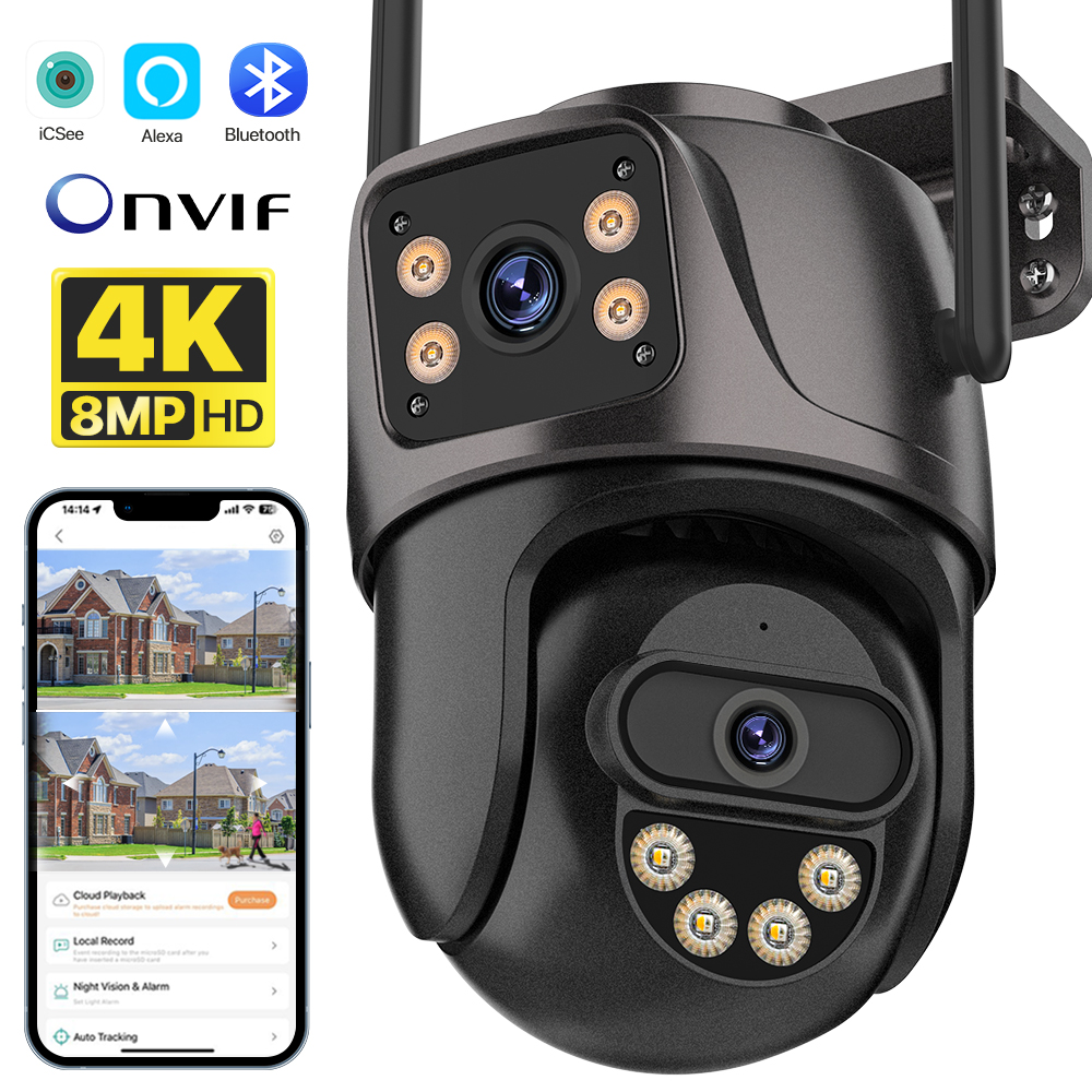 Cámara PTZ WIFI 4K de 8MP, lente Dual, cámara IP de doble pantalla para exteriores, 4MP HD, seguimiento automático, protección de seguridad, vigilancia CCTV iCSee
