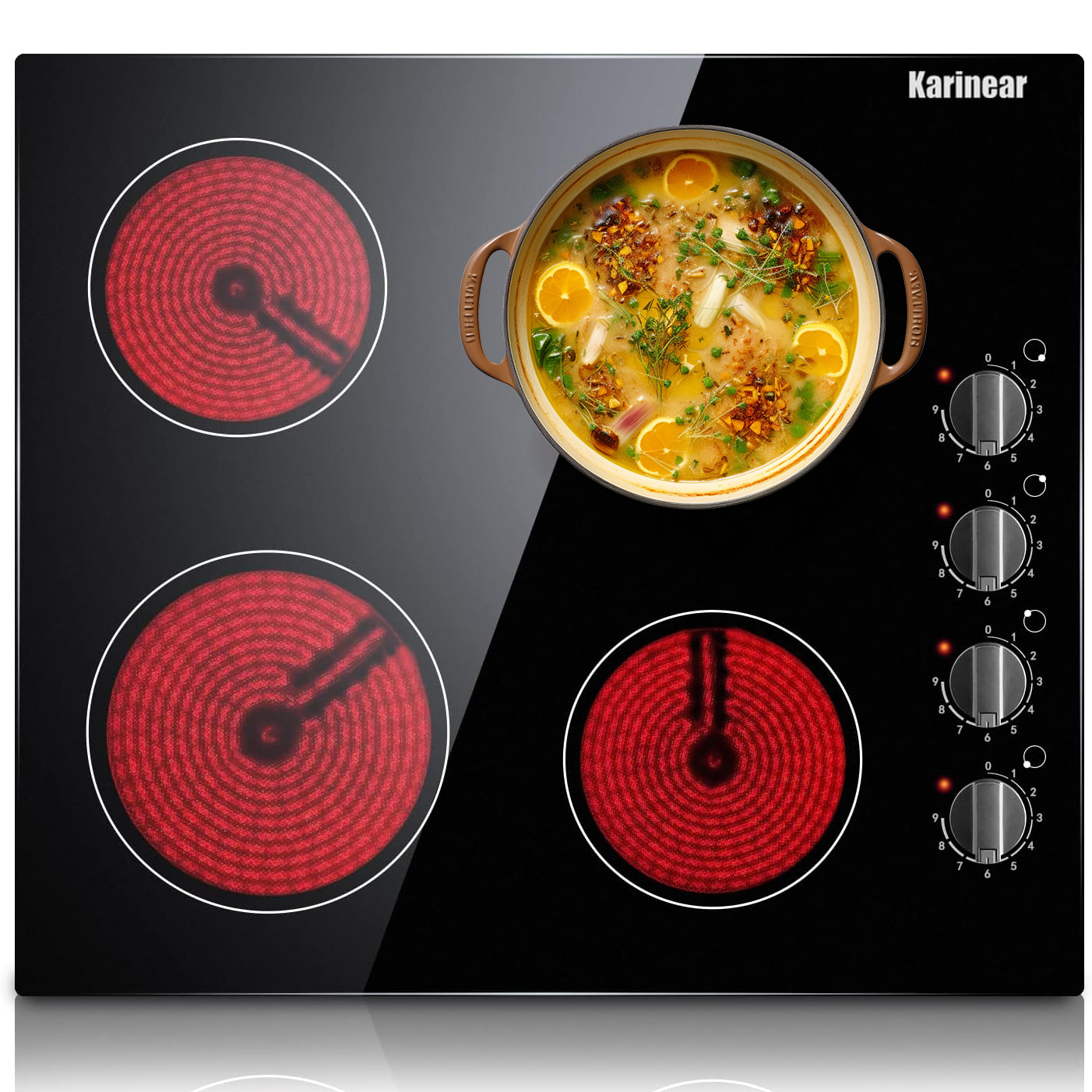 Karinear Elektrokochfeld mit 4 Brennern, 61 cm eingebaut, 220–240 V, 6000 W, Knopfsteuerung, Restwärmeanzeige, Hartdraht (kein Stecker)