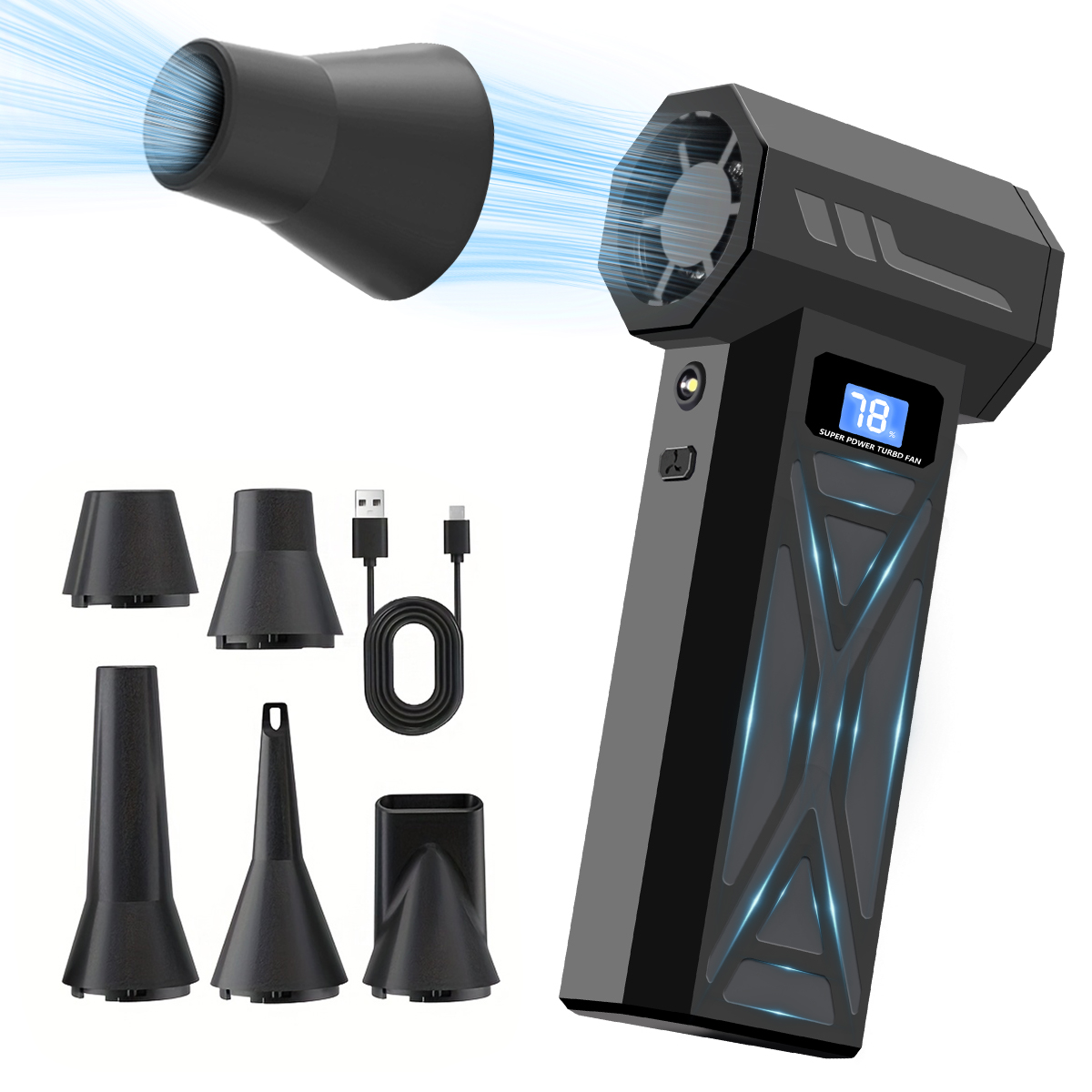 Soprador de Ar Ajustável de 4 Velocidades com Função de Aspirador, Luz LED e Display de Bateria, Soprador de Ar Comprimido Sem Fio Novo