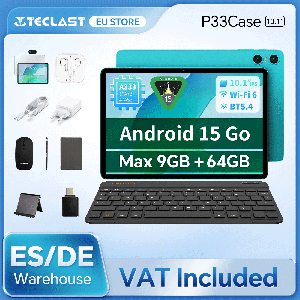 Tablet Teclast P33 Android 15, 10.1 Polegadas, Máximo 9 GB de RAM, 64 GB de ROM, 1280x800 IPS, A333, 5 Núcleos, 6000 mAh, Tipo-C