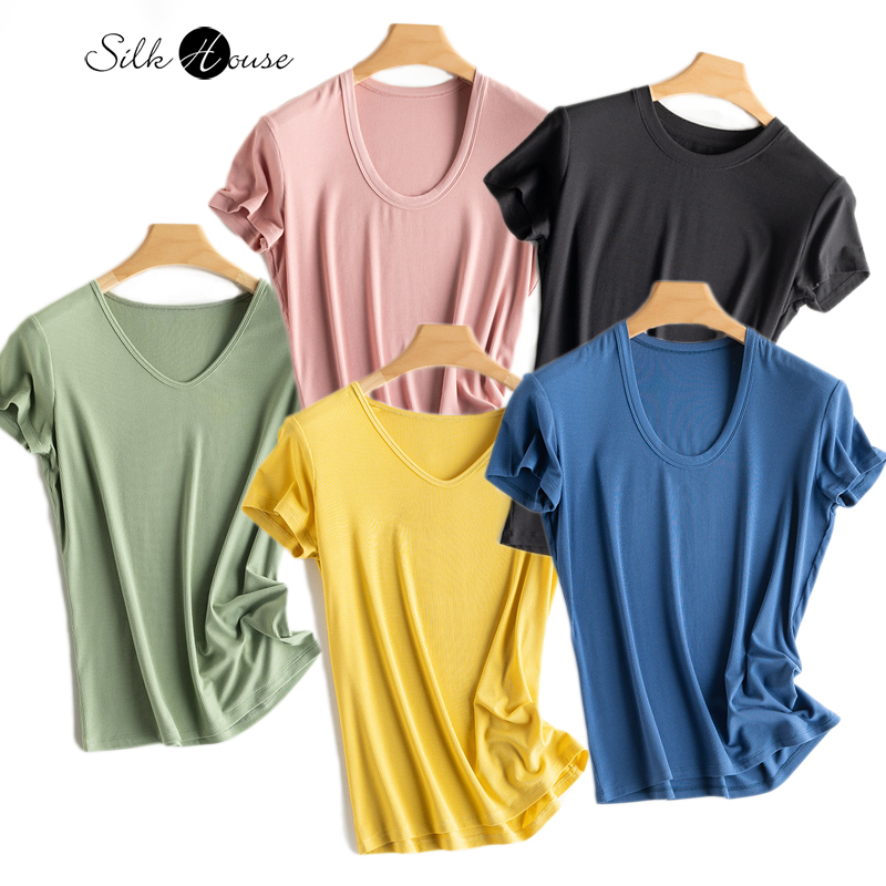 2025 moda feminina topo primavera/verão novo sexy ajuste seda gelo respirável sólido solto manga curta camiseta roupas para mulher