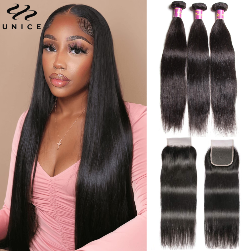 Extensiones de cabello humano liso Unice con cierre, Color Natural, 100% cabello humano, cierre de encaje 4x4 con 2/3/4 Uds.