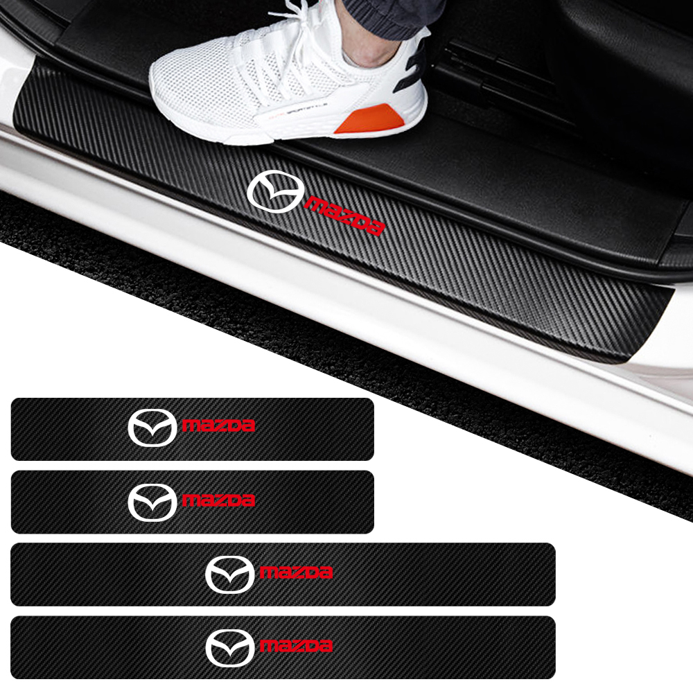 Película protectora de fibra de carbono para Pedal de alféizar de puerta de coche, pegatina antiarañazos e impermeable para Mazda 2 3 6 CX-5 CX-3 CX-7 Axela MS, 4 Uds.