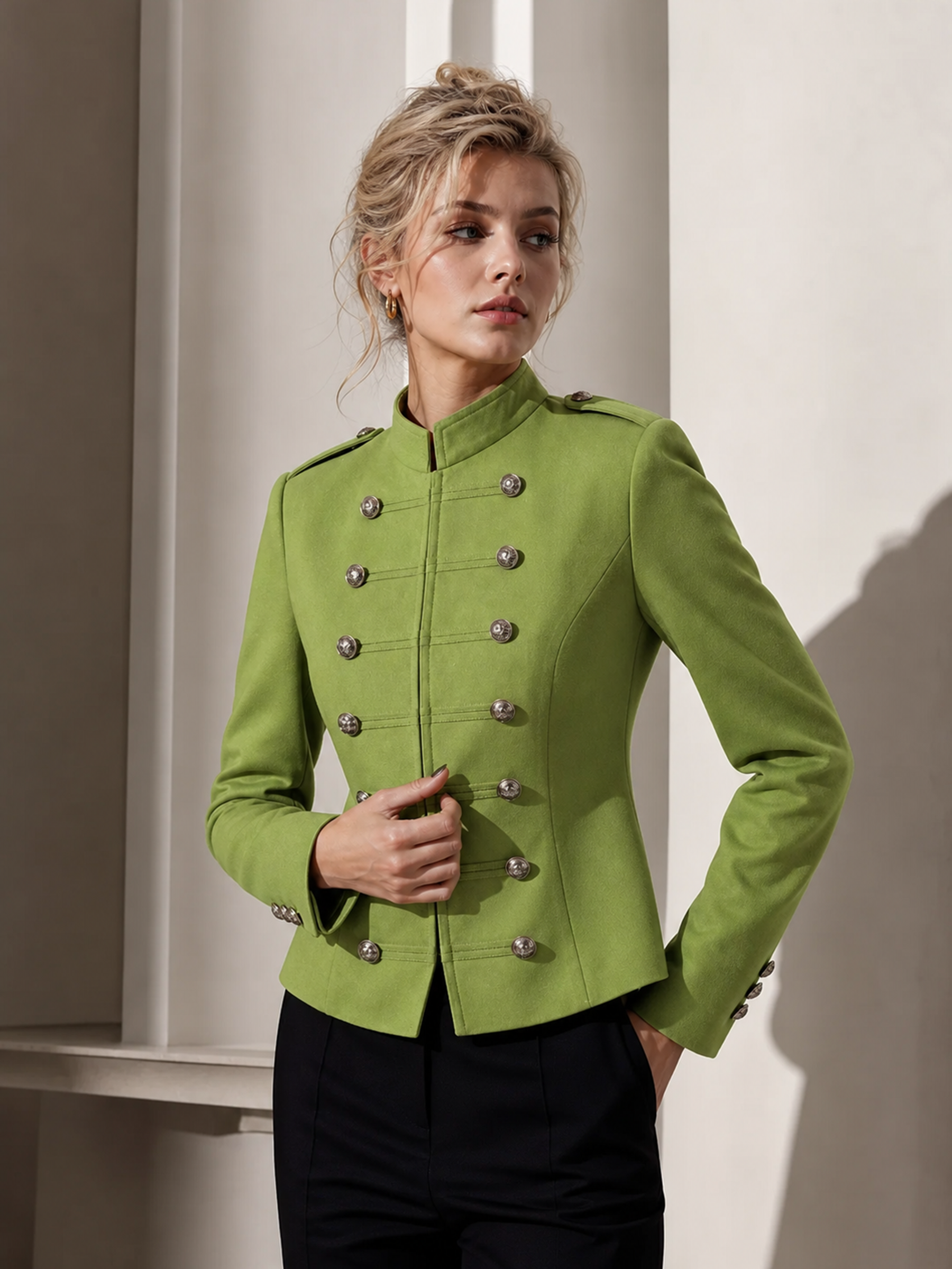 Elegante damesjas met opstaande kraag, dubbele rij knopen, militaire stijl, slim fit, getailleerd, cropped blazer, effen kleur, damesmode, buitenjas