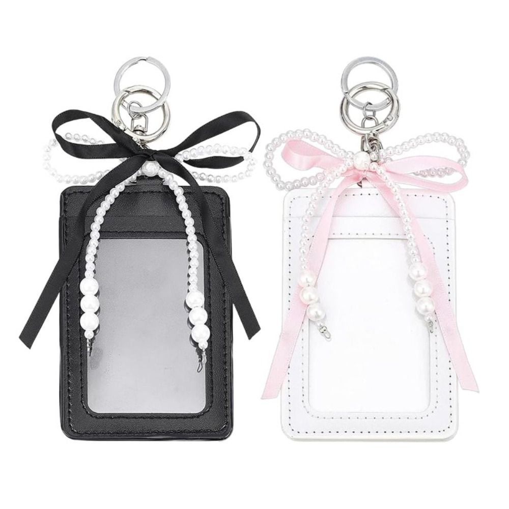 Elegante Porta Fotocard in Stile INS, Custodia Protettiva Decorativa per Ragazze, Porta Carte d'Identità in Morbida PU con Fiocco di Perle, Porta Carte Bancarie