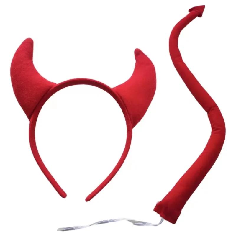 Diadema de demonio rojo y negro con orejas de animales, conjunto de corbata de lazo de cola, accesorios de disfraz de Cosplay, Festival de Halloween y Navidad