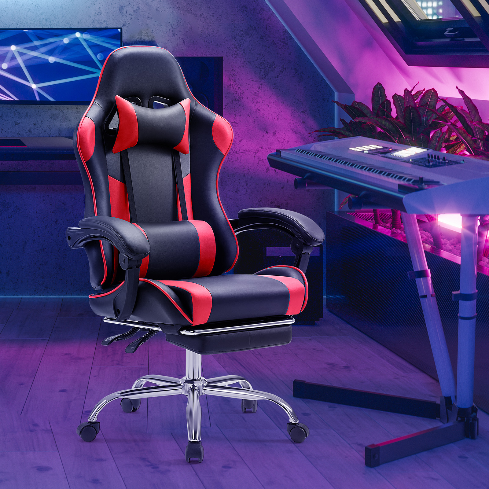 Silla para juegos MCQ, escritorio para videojuegos, silla de oficina ergonómica con reposapiés y soporte lumbar, altura ajustable con 360 °   Giratorio