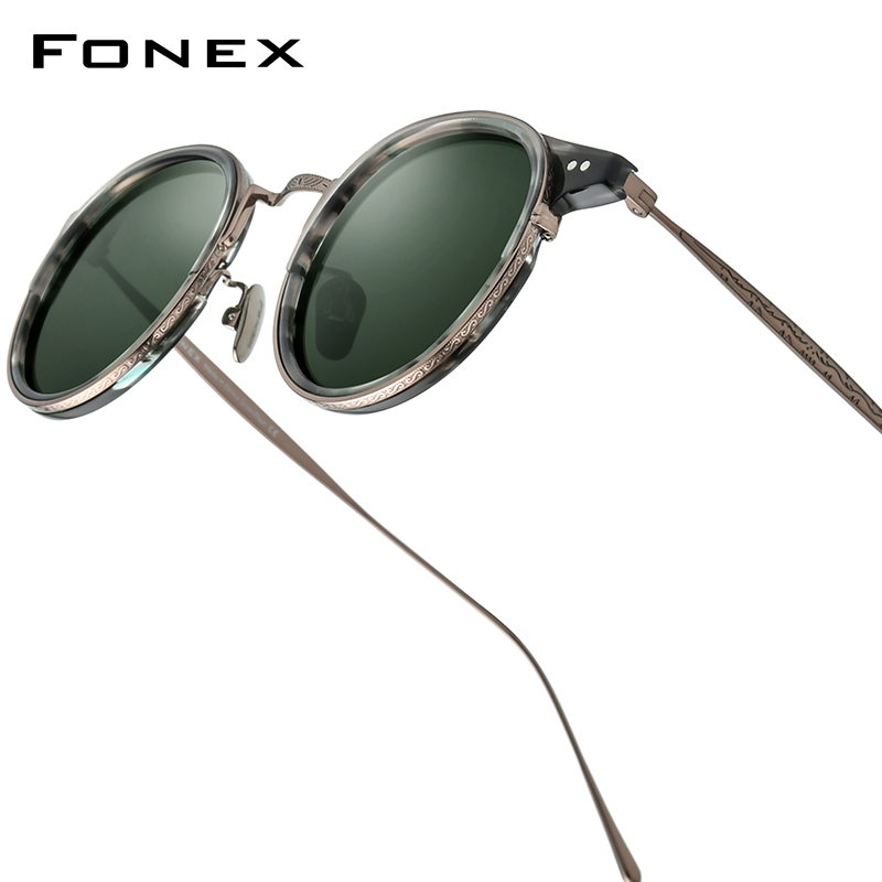 Kacamata hitam terpolarisasi Titanium asetat FONEX kacamata hitam bulat Vintage Retro desain merek baru untuk wanita kacamata hitam Jepang 850