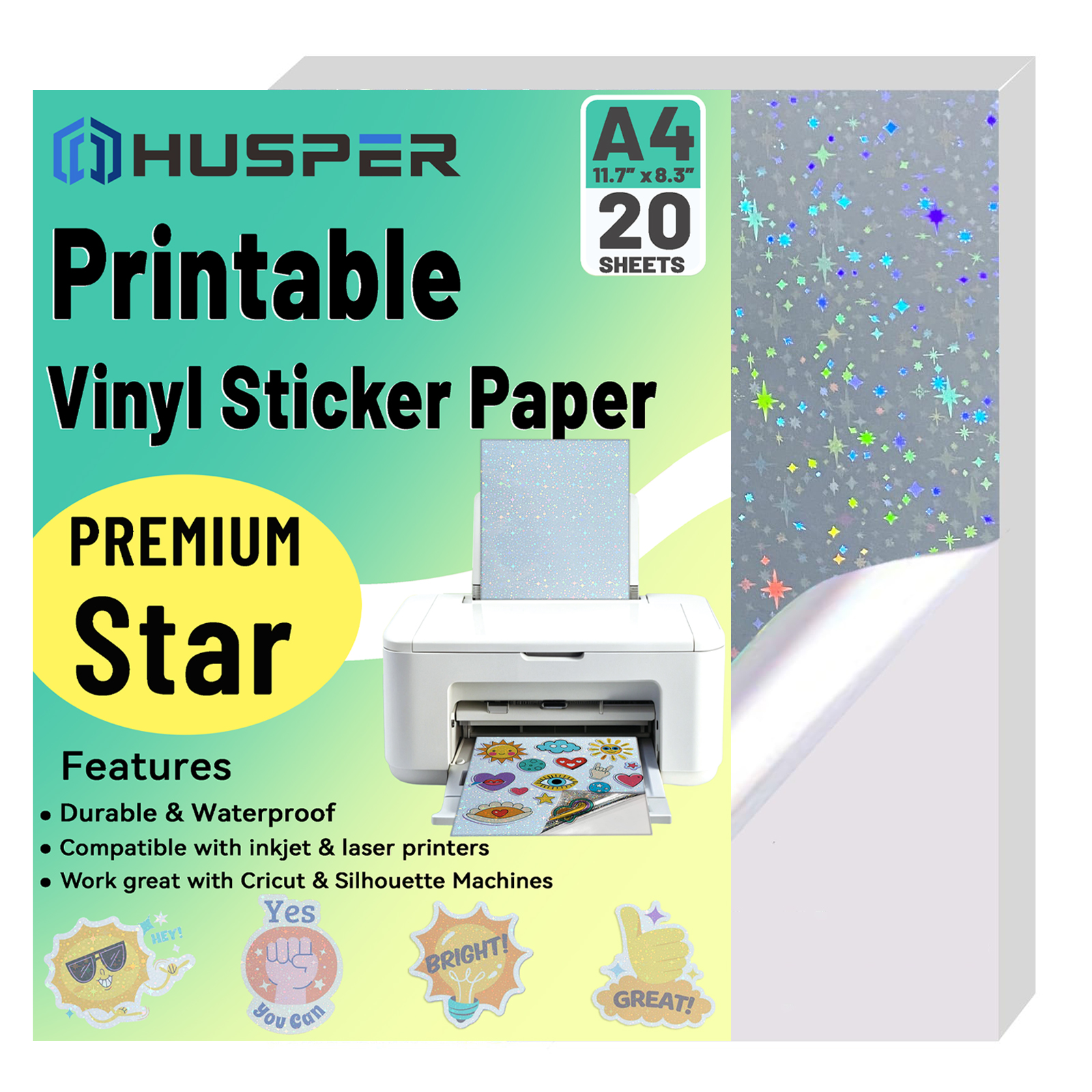 20 hojas de papel adhesivo imprimible de vinilo holográfico A4 (8,3 "x 11,7") tamaño cielo estrellado autoadhesivo impermeable para inyección de tinta/láser