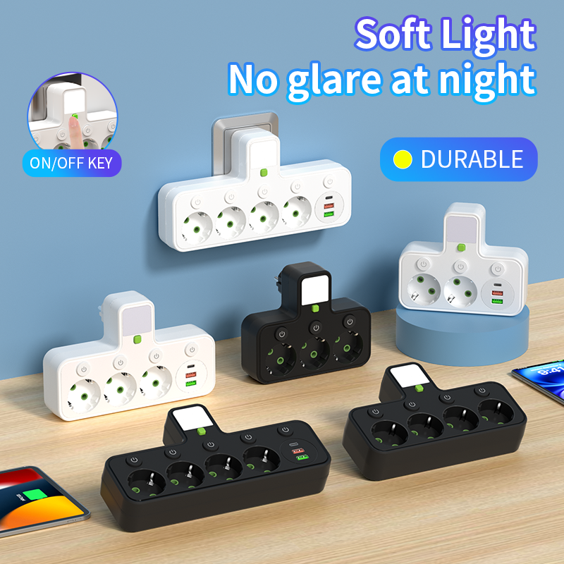 EU 플러그 벽면 콘센트 4개 AC 콘센트, 2개 USB, 1개 타입-C 포트, 온/오프 스위치, 야간 조명, 가정용 멀티탭