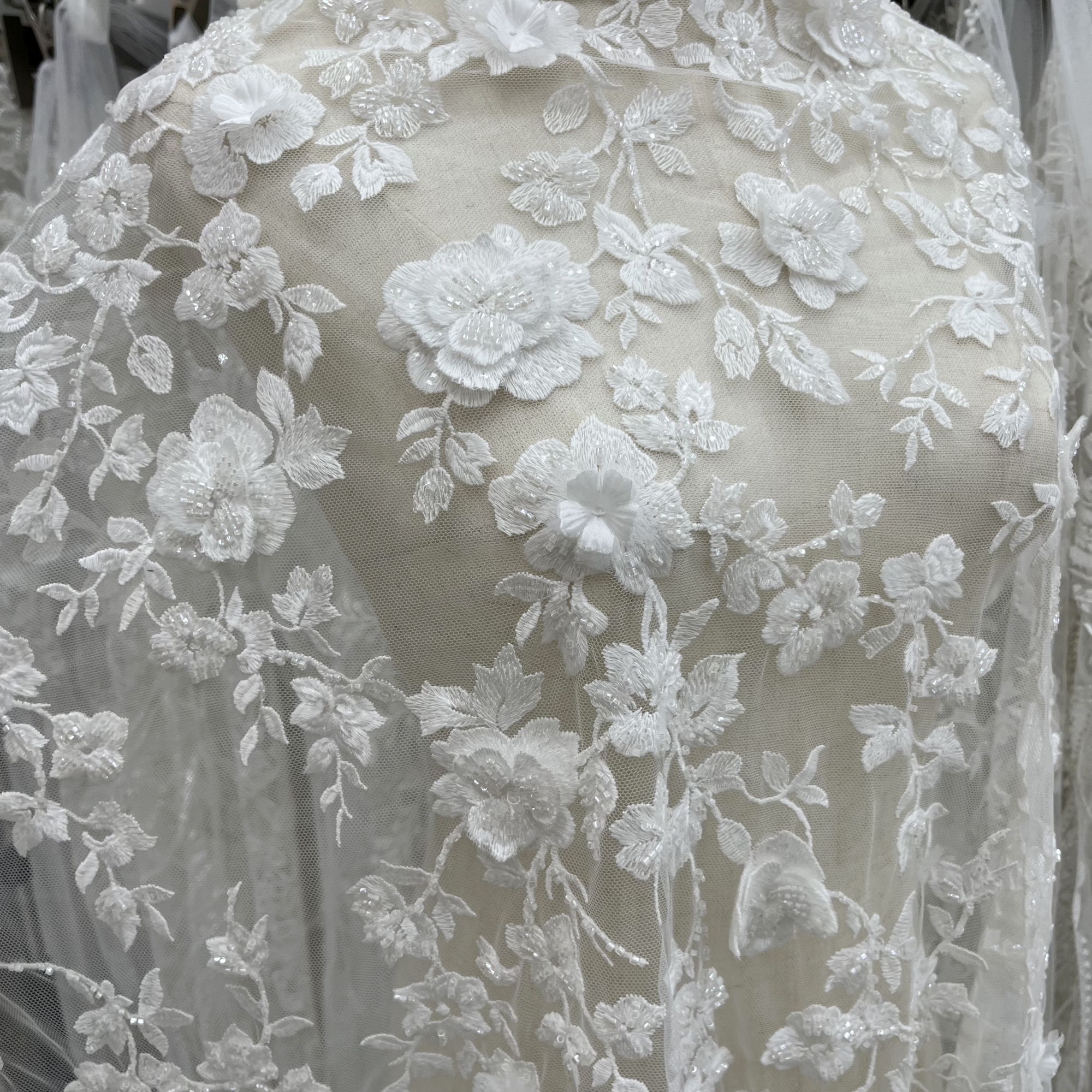 New Exquisite Hand-Stitched 3D Flower Sequins Beads Embroidery Wedding Evening Dress Customized Clothing Lace Fabrics
