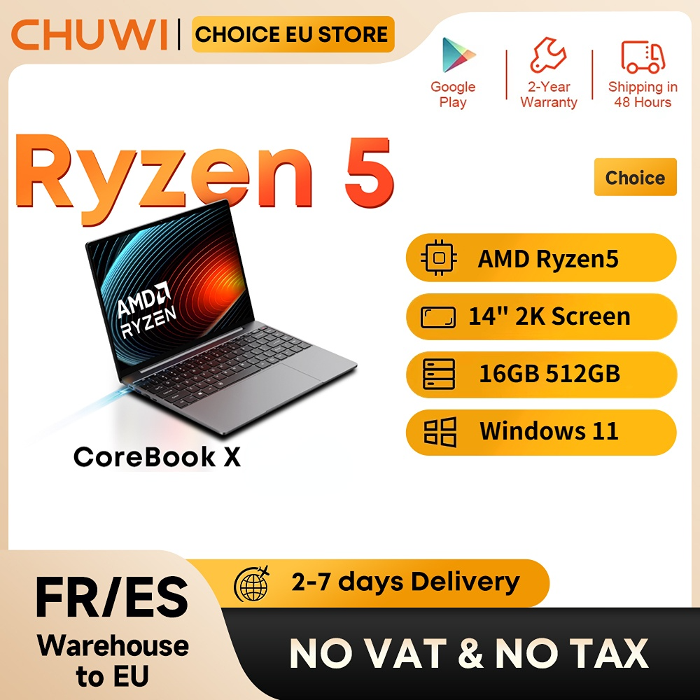 CHUWI CoreBook X AMD Ryzen 5 Laptop biznesowy 6 rdzeniowy 14,1 cala Ekran 2K IPS 16 GB pamięci RAM DDR4 512 GB SSD do 4,3 GHz