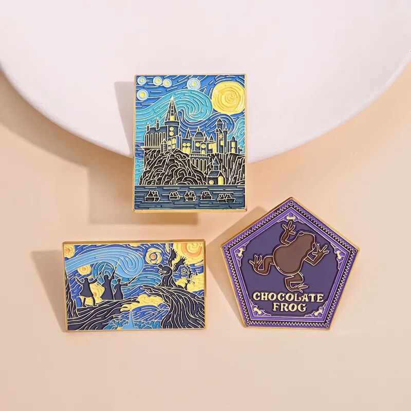Alfileres de esmalte de escuela mágica de noche estrellada, broches de Castillo de mago de bruja personalizados, insignias de solapa, joyería Punk, regalo para fanáticos y amigos