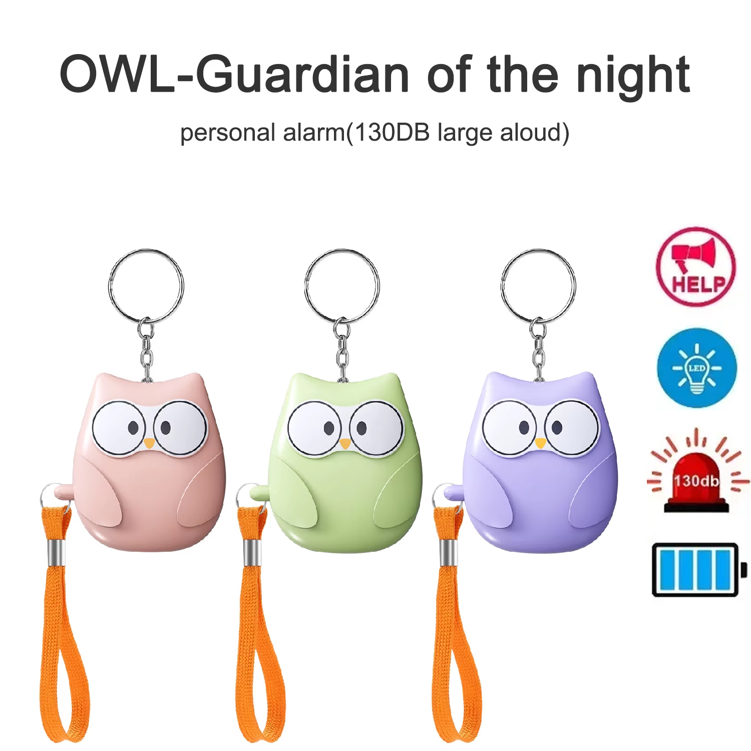 Tragbare LED-Taschenlampe, 130 dB, persönlicher Selbstverteidigungsalarm, Eule, Studentenbeleuchtung, Schlüsselanhänger für Kinder und Frauen, Anti-Wolf-Sicherheit / '\[o