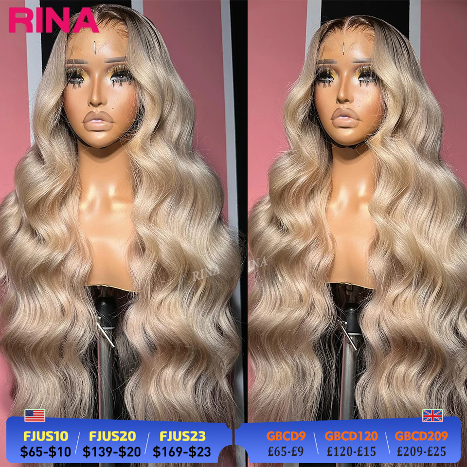 13x6 Ombre Blonde With Root Цветные парики фронта шнурка для женщин Человеческие волосы Объемная волна Ombre Пепельно-русый парик фронтальной части шнурка