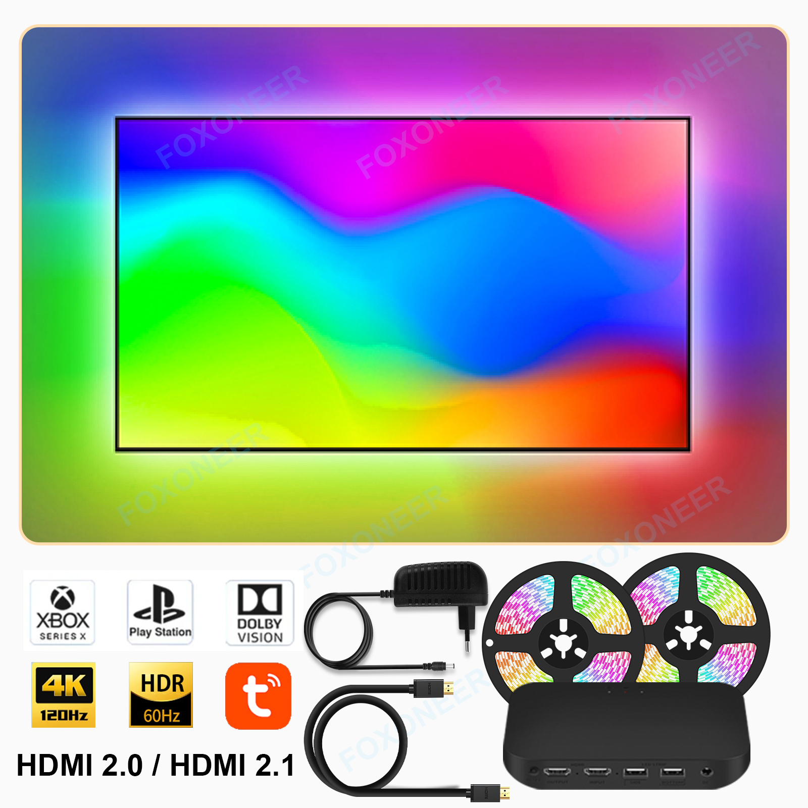 Retroiluminación Led de TV ambiental inteligente para dispositivo 4K HDMI 2,1, caja de sincronización, Kit de luces de tira Led, Wifi, Alexa, voz, Control asistente de Google
