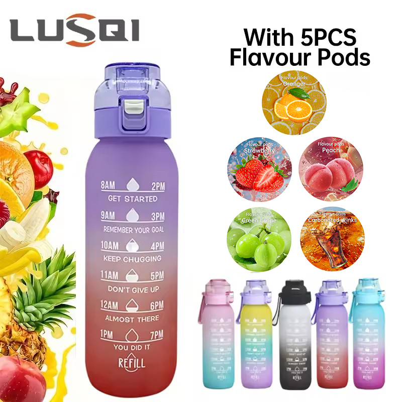 LUSQI 1PC 1000ML saveur bouteille d'eau avec paille avec 5 pièces saveur dosettes mode Fitness bouteille d'eau pour les activités de plein air sport