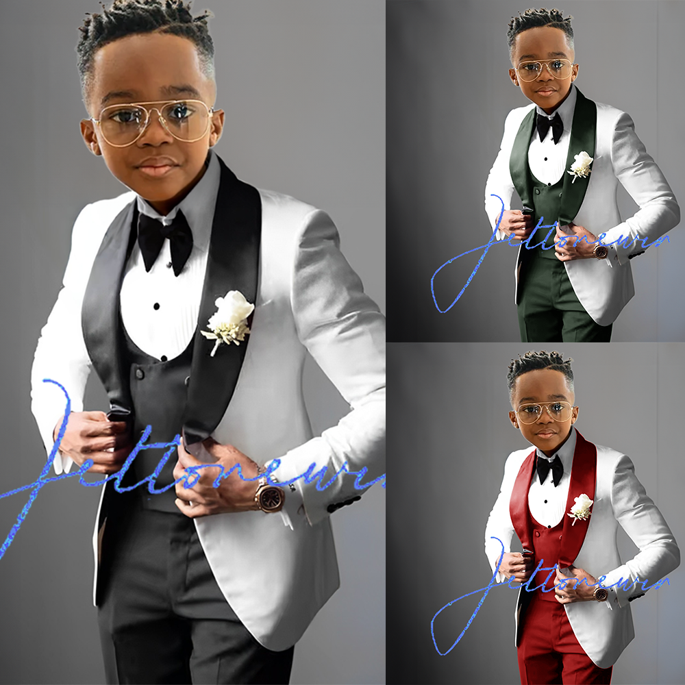 Abito per ragazzi Smoking da sposa Giacca formale per bambini Pantaloni Gilet Set da 3 pezzi Abito personalizzato Abiti classici 2-16 anni