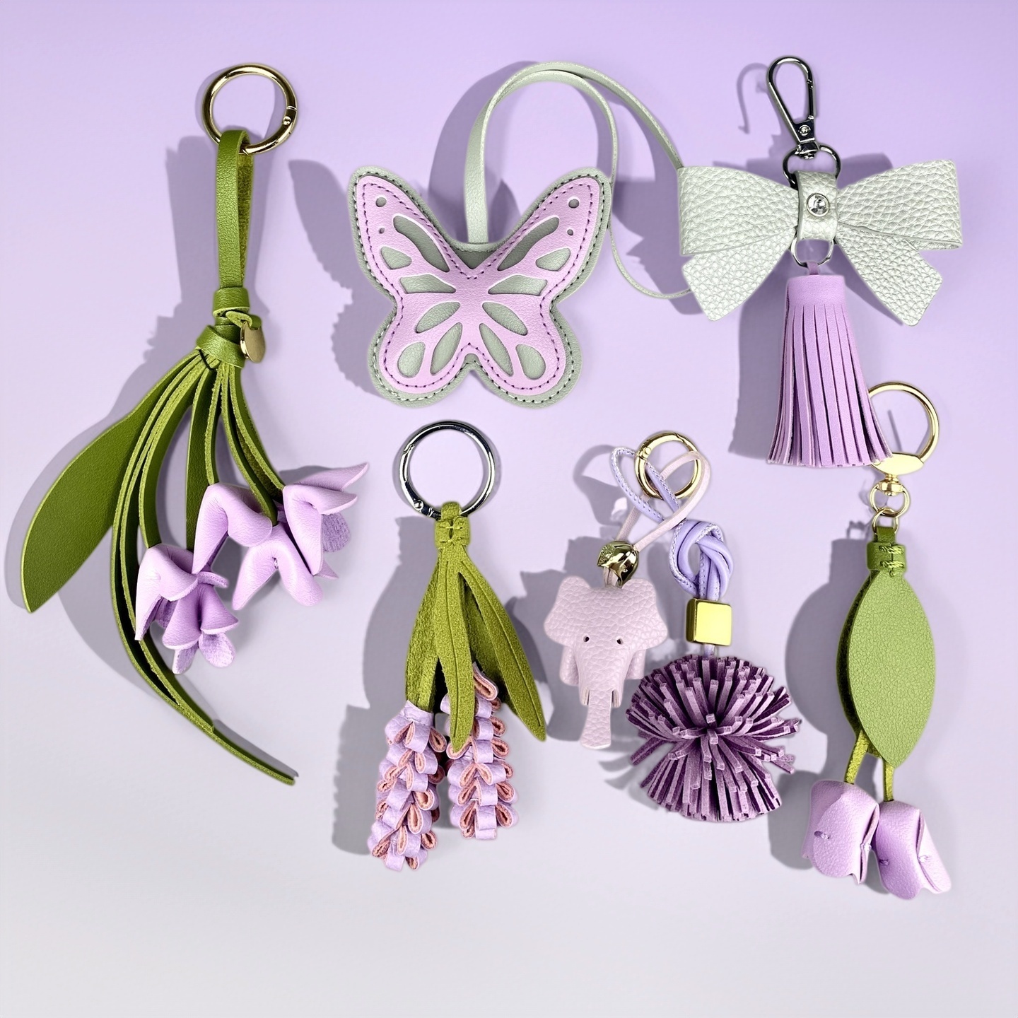 Purple Butterfly & Flower Keychain Charm Set, Cute PU Leather Floral Bag Accessories for Purple Lovers/Realistic Bloom/Good Gift