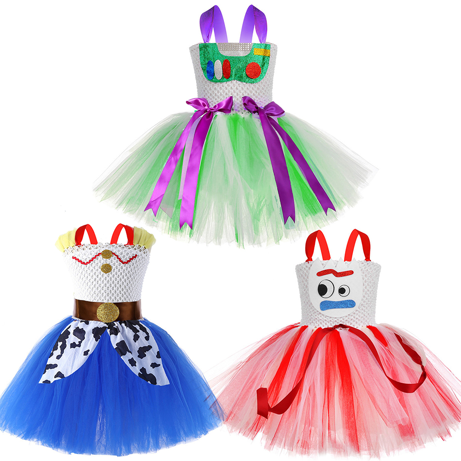 Vestido de Tule para Crianças Woody, Jessie, Buzz e Forky, Fantasia para Apresentações de Palco, Roupas de Halloween e Carnaval para Meninas