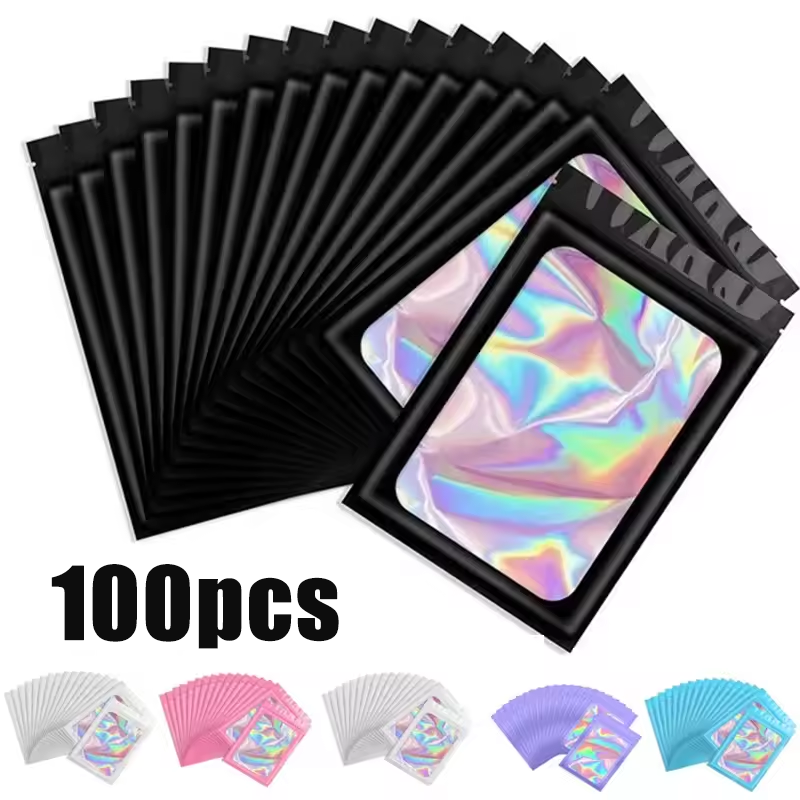 100 Peças de Sacos Plásticos Holográficos com Fecho Zip, Sacos Iridescentes para Exibição de Manicure, Cílios, Brincos, Anéis e Armazenamento de Joias