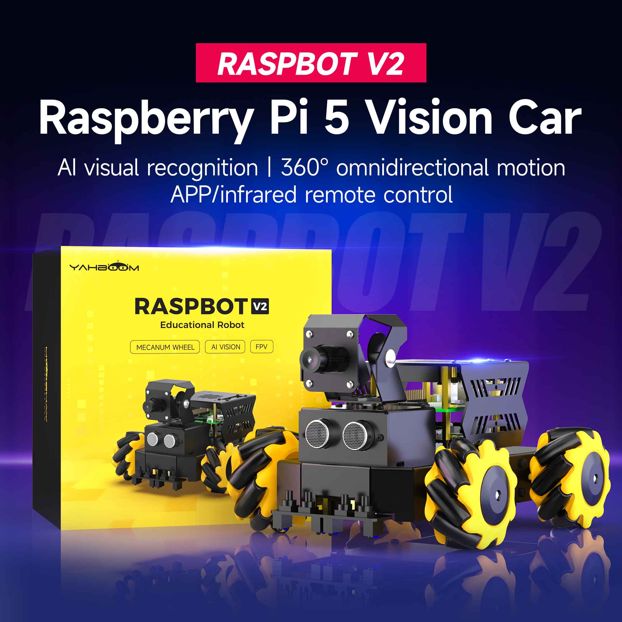 Yahboom Raspbot V2 AI Vision หุ่นยนต์รถชุดกล้อง Mecanum ล้อของเล่นเพื่อการศึกษา DIY การเขียนโปรแกรม Python สําหรับ Raspberry Pi 5