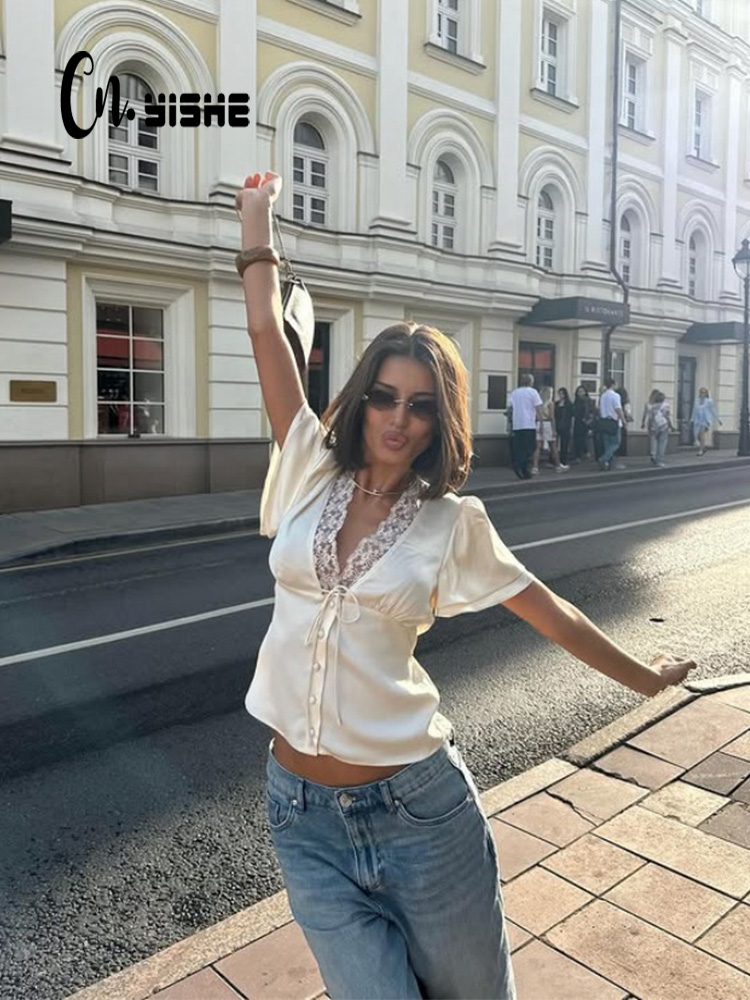 CNYISHE Lace Patchwork Solid Short Sleeve Tops for Women V Neck Sheath Fashion Tees Female Sexy Club T-shirts Elegant Casual