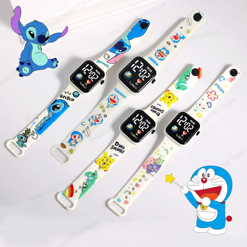 Novo relógio infantil disney stitch doraemon com estampa de desenho animado, pulseira led quadrada à prova d'água, relógio eletrônico para meninos e meninas, presentes de aniversário