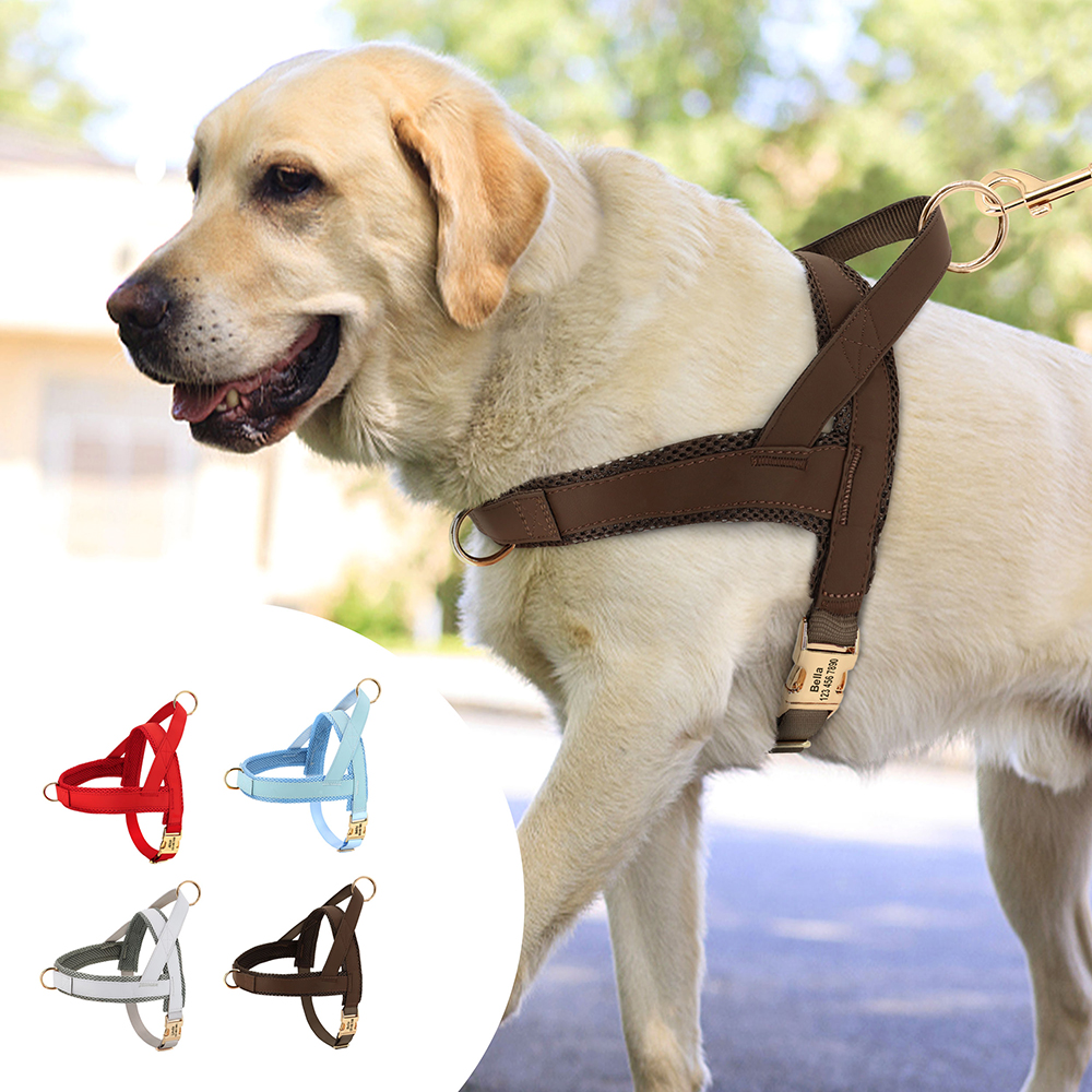 Arnés para perros grande personalizado, chaleco con arnés de cuero de malla grabada ajustable para perros pequeños, medianos y grandes, suministros para mascotas XS-XL