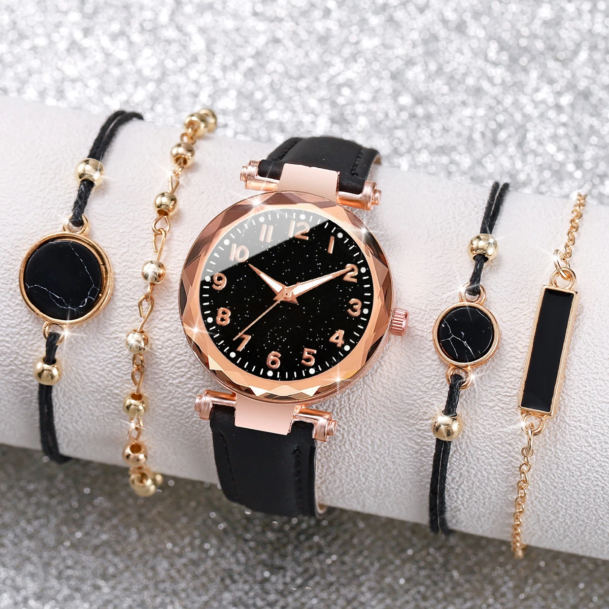 Mulheres Quartzo analógico relógio de pulso e pulseiras, pulseira de couro, moda feminina, 5pcs